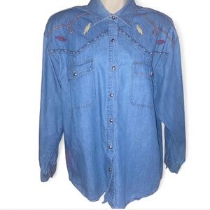 Embroidered Denim Button-Up Shirt Vintage Western